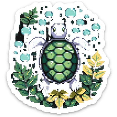 A turtle with a shell made of leaves and surrounded by floating bubbles sticker
