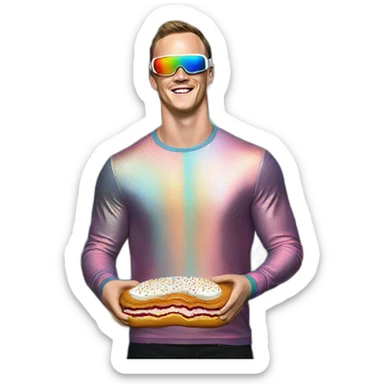 Fancy disco Jonathan Toews wearing rainbow lace shirt and wearing VR glasses and eating a moon pie sticker