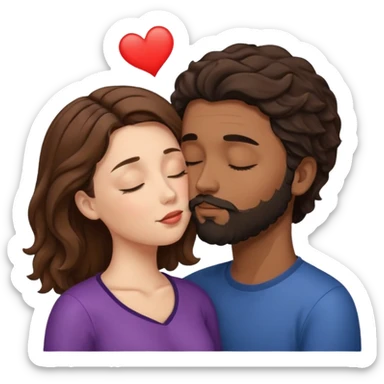 White woman (brown hair with eyes closed) kissing the top of the head (forehead) of brown man with black wavy hair (has a a beard with his eyes closed too) sticker
