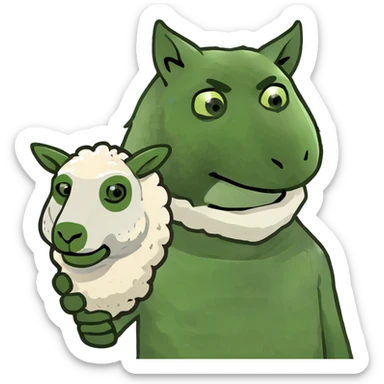 the whole body of a wolf with a human body in its hand, with sheep's masks in its hands sticker