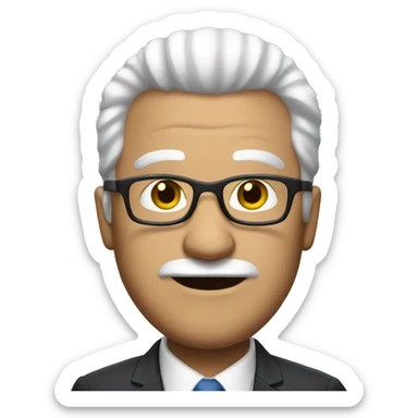 A heavy man white hair and glasses wearing a suit sticker