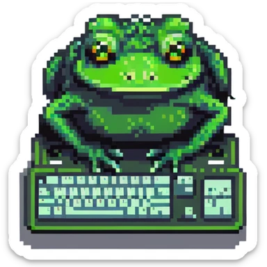 Pepe the frog meme character coding on computer, green frog with sad eyes typing on keyboard sticker
