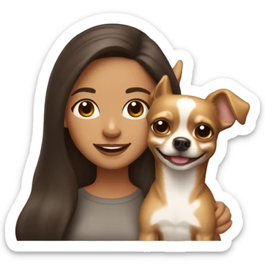 light skin woman with long dark brown hair expressing joy alongside a light brown chihuahua sticker