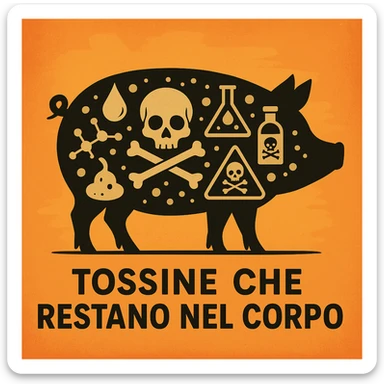 symbolic scene with silhouette of a pig containing stylized drawings of toxins and poisons inside, no sweat drops on skin, Italian text: 'Tossine che restano nel corpo', 4K quality sticker