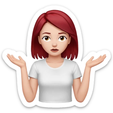 younger woman shrugging, eyes closed, white t-shirt, dark red hair, black eyebrows sticker