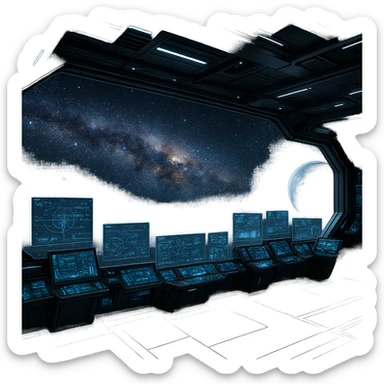 a sophisticated starcruiser command deck viewing port, the viewscreen is alpha-transparent, no chairs, multiple screens sticker