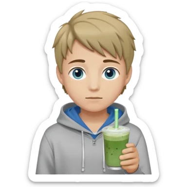 Boy who holds iced matcha has blue eyes and dark blonde hair. Wears grey hoodir sticker