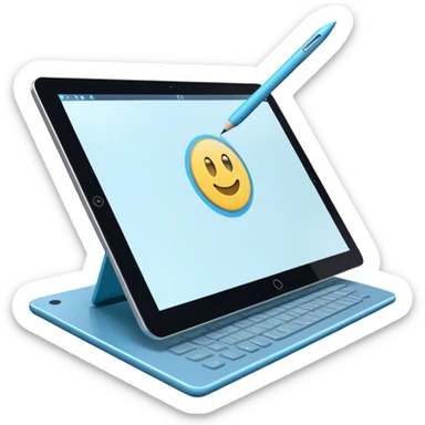 Create an emoji for 3D visualization and modeling. Show a large graphic tablet with a stylus drawing in a 3D modeling program. The 3D model on the screen should appear to protrude out of the screen. Use modern, professional colors. Make the background transparent. sticker
