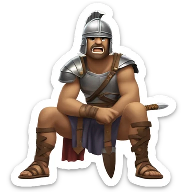 Bored Gladiator: A gladiator with a helmet and sword resting on the ground, yawning and looking disinterested, as if waiting for the next fight and tired of waiting. sticker