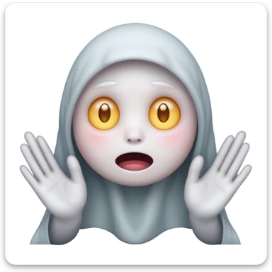 horror emoji with shy expression, timid ghost peeking from behind its hands, faint blush, eerie glowing eyes sticker