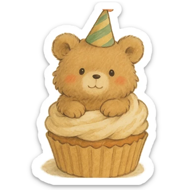 fluffy bear popping out of a cupcake, wearing a party hat, soft Ghibli style sticker