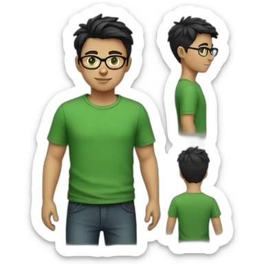 Boy with green eyes, glasses, with black short hair, with green T-shirt sticker