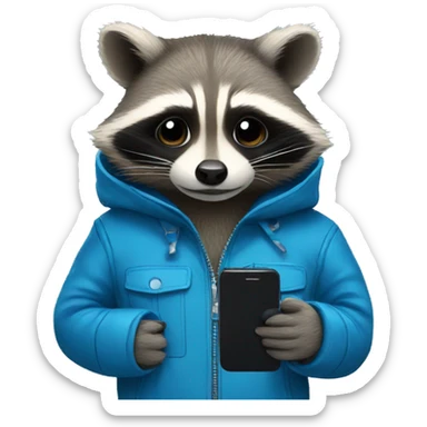 Raccoon with phone in blue jacket sticker