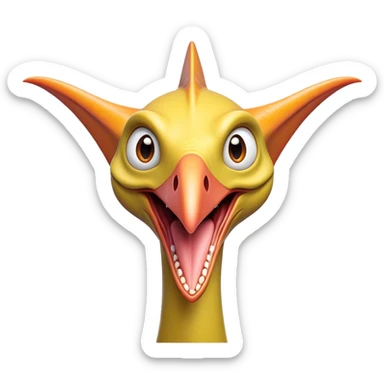 Cinematic Comical Pterodactyl Portrait Emoji, Head tilted dramatically with an exaggeratedly shocked expression, featuring a sleek, streamlined body with a quirky, animated beak and wide, comically expressive eyes full of playful disbelief, Simplified yet hilariously expressive features, highly detailed, glowing with a slightly sassy ethereal glow, high shine, dramatic yet playful, stylized with an air of cheeky prehistoric mischief, soft glowing outline, capturing the essence of a meme-worthy Pterodactyl that looks ready to side-eye its way into viral fame! sticker