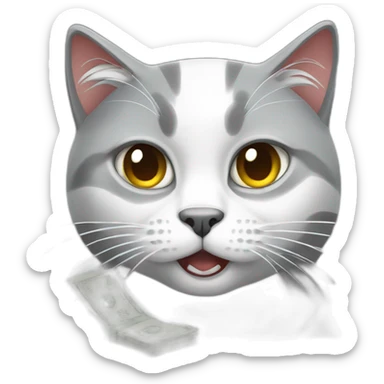 angry gray and white norwegian cat with money sticker