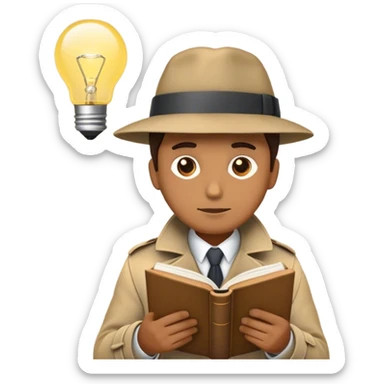 A detective emoji, wearing a classic trench coat and hat, intently reading a book. Above their head, a glowing lightbulb represents a sudden realization—symbolizing research, curiosity, and critical thinking. The book’s cover subtly features the silhouette of a person  sticker