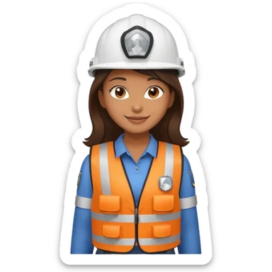 Brunette brown Girl full body standing with her white security helmet and security vest that fits her big on, also with her black backpack sticker