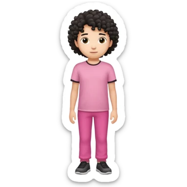 Kid boy wearing pink T-shirt, black curly hair, full body sticker