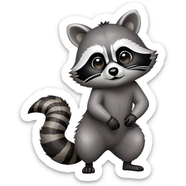 Cinematic-Raccoon-Realistic-Full-Body-Standing on all fours-Emoji – Tail flicking lazily, head tilted dramatically, thick grey fur with a signature black mask, sharp and alert ears, simplified yet realistic focused features, highly detailed, glowing with an almost sarcastic glow. sticker