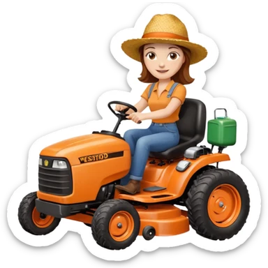 White woman with brown hair, without glasses wearing a straw hat, on old orange ride on lawn mower, holding a beer with one hand and holding the steering wheel with the other hand. Woman is smiling. Lawn mower has “Westwood” written on the engine cover sticker