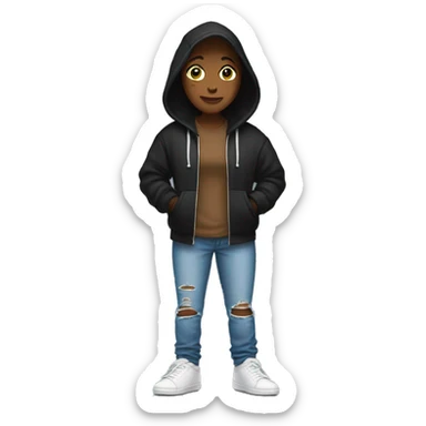 Full body women wearing a black hoodie and ripped blue jeans, white hightop shoes and brown long hai sticker