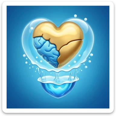 Golden floating capsule wrapped in soft blue liquid waves, slowly spinning around a translucent heart and a shining brain, with flashes of calmness that expand like waves in water sticker