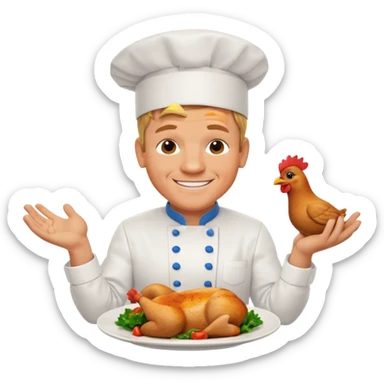 Gordon Ramsay cheerful, showing off a perfectly cooked chicken on a plate, chef uniform sticker