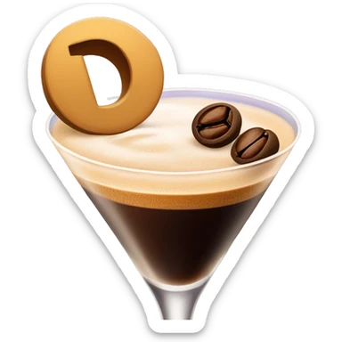 Espresso martini with the letter d in the foam and a espresso bean garnish sticker