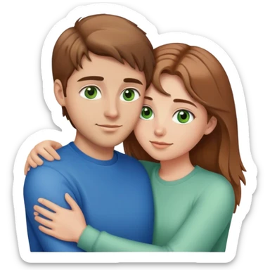 cute couple hugging, girl with light brown hair and green eyes, guy with brown hair and blue eyes sticker