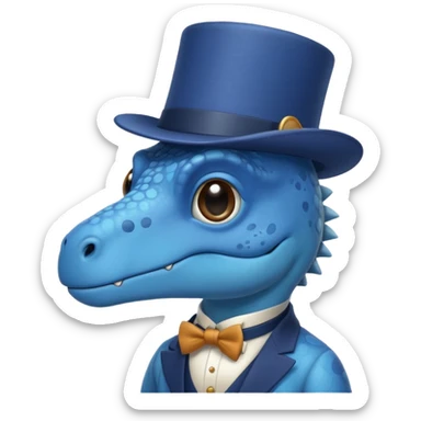 A flat blue dinosaur like 🦕 with monocle and tophat sticker