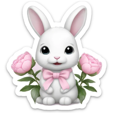 cute white bunny holding light pink peonies sticker