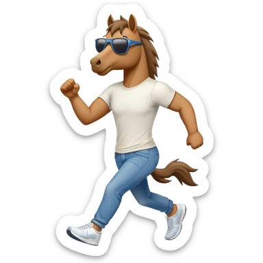friendly anthropomorphised stallion in jeans and a t-shirt, wearing dark sunglasses, jogging upright in standard pose sticker