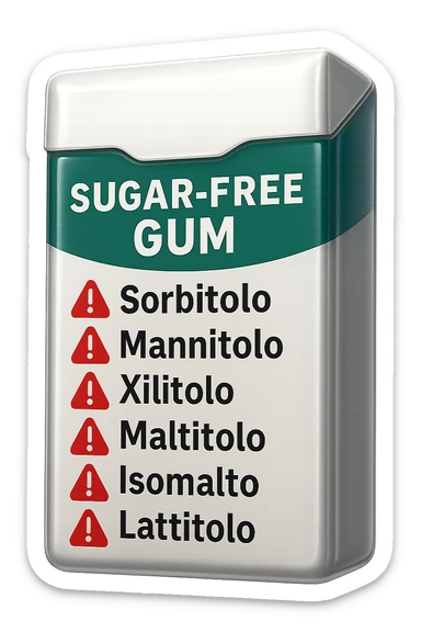 SU QUESTO STILE FAI UN EMOJI STILE IPHONE 3D DI UN pacchetto di gomme senza zucchero con ETICHETTA CON GLI INGREDIENTI SCRITTI, "sorbitolo, mannitolo, xilitolo, maltitolo, isomalto, lattitolo" accanto ad ogni nome scritto mettici un segnale di allarme, FALLO MOLTO REALISTICO IN 3D sticker