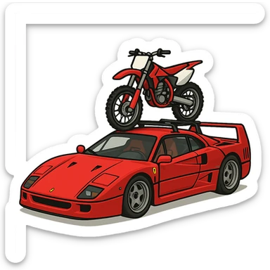 A stylized Ferrari F40 with a 125cc dirt bike on a visible roof rack, dirt bike to proper scale, transparent background sticker
