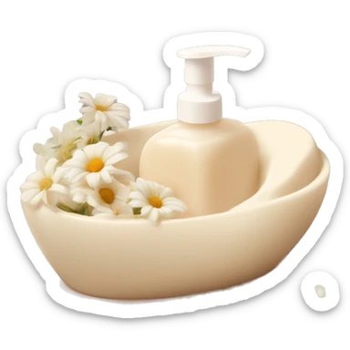 hand soap, delicate milky color, with vanilla aroma, in a beige soap dish with flowers. sticker