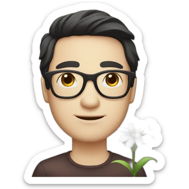white skin guy with dark hair and glasses gives a flower sticker