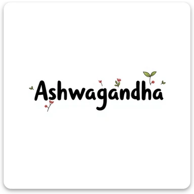 The word "Ashwagandha" hand-drawn in white text with a dark background and just a few colorful accents. Simple doodle style with minimal decoration. sticker