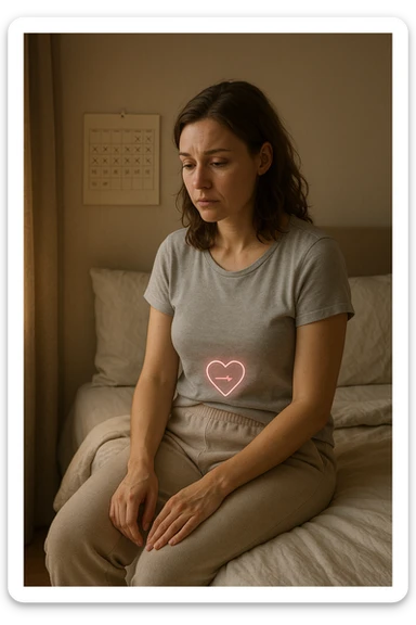 3D realistic medical illustration: a young woman in her 20s or 30s sits on the edge of a bed in a softly lit bedroom, looking thoughtful and slightly concerned. She wears comfortable loungewear, her posture is slouched, and her expression is subdued. Subtle visual cues—such as a faded calendar with missed menstrual cycles and a dimmed heart or energy icon near her abdomen—symbolize low libido and amenorrhea. The scene is realistic, intimate, and empathetic. sticker