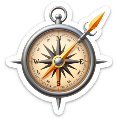 Minimalist emoji of a compass needle snapping firmly toward one direction with a soft sunrise glow behind it, symbolising decisive focus and a new disciplined beginning. Transparent background. sticker