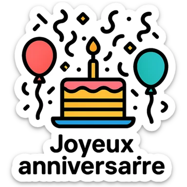 Joyeux anniversaire festive icon with celebratory elements like confetti, balloons, cake, clean modern icon style, suitable for digital use sticker