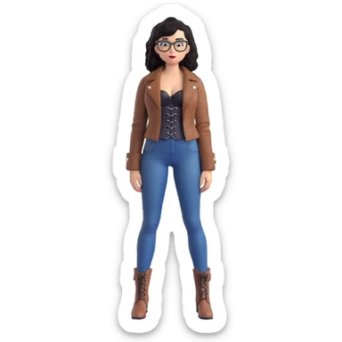 3D animated drawing of a slim, light-skinned woman with wavy black hair and square-shaped glasses, wearing a black corset dress with a brown leather jacket, blue jeans, and brown ankle boots, standing in a neutral pose sticker