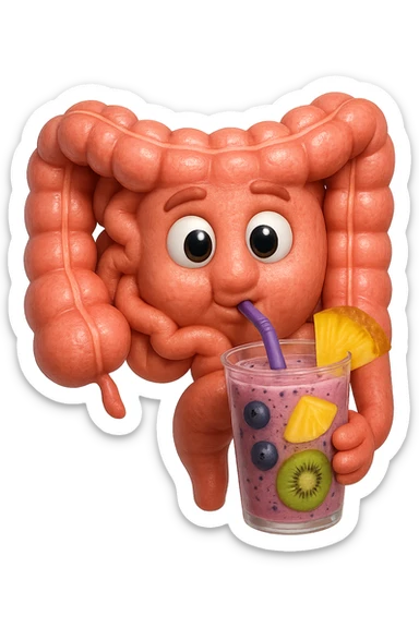 EMOJI STILE IPHONE DI un intestino umano anatomico che beve un frullato di mirtilli, ananas, kiwi, fagli anche la parte bianca degli occhi, non solo le pupille, REALISTICo 4K sticker