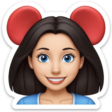 Blue eyes Dark straight medium hair woman happy wearing Mickey Mouse ears from Disney world  sticker