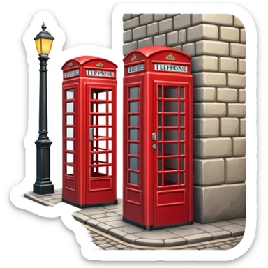 A classic red telephone booth standing on a cobblestone street. sticker