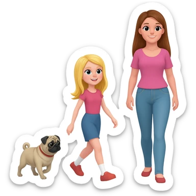 haz una chica rubia paseando a su perro pug con su mama sticker