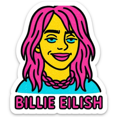vibrant pop art of Billie Eilish with bold colors, signature look, expressive face sticker