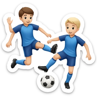 two children playing soccer, one kicking the ball, happy and playful sticker