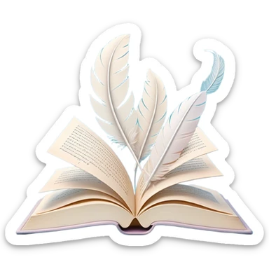Create a delicate and poetic emoji representing poetry. The design should feature several elegantly flying pages with short poetic columns written on them. The pages should appear light and flowing, almost as if being carried by the wind. Include a white feather gently resting on the pages, symbolizing creativity and inspiration. Use soft, pastel tones to give it a dreamy, artistic feel. The design should feel ethereal and whimsical, capturing the essence of poetry. Make the background transparent. sticker