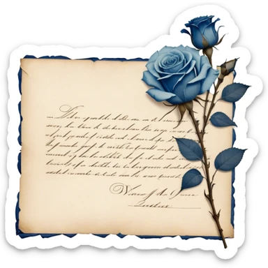 An antique handwritten letter with dried light blue roses and a navy wax seal, vintage aesthetic. sticker