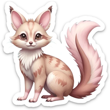 Whitish pastel brown-pointed pastel-pink soft natural realistic romantic vintage antique divine beautiful elegant pretty precious cute young youthful  Fakémon-Pokémon-alien-opossum-squirrel-feline-serval-caracal-chinchilla-Minccino-hybrid-creature with a big fluffy bushy tail (full body) sticker